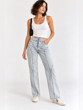 superdown Paneled Acid Wash High Rise Straight Leg Jeans Exposed Zip Size 27